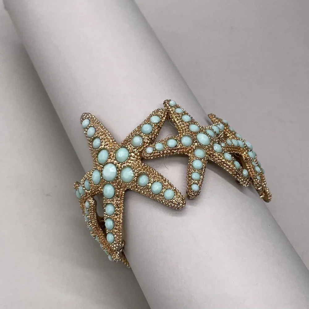 Starfish Mint Studded Stretch Bracelet Gold Tone Evening Classic Date Night